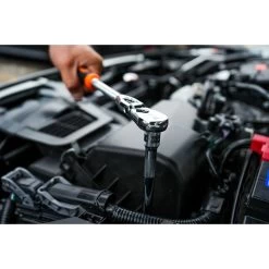 3/8" DRIVE 4 PIECE 12" EIGHTY8 TOOTH LOCKING FLEX RATCHET WITH CHROME EXTENSIONS 3", 6" AND 8" SET - ORANGE -Hand Tool Store BFR128SETM In UseImage 01 1500