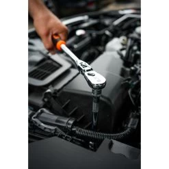 3/8" DRIVE 4 PIECE 12" EIGHTY8 TOOTH LOCKING FLEX RATCHET WITH CHROME EXTENSIONS 3", 6" AND 8" SET - ORANGE -Hand Tool Store BFR128SETM In UseImage 02 1500