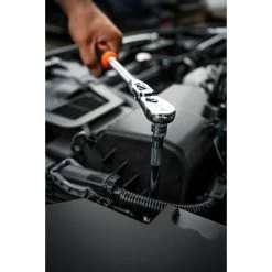 3/8" DRIVE 4 PIECE 12" EIGHTY8 TOOTH LOCKING FLEX RATCHET WITH CHROME EXTENSIONS 3", 6" AND 8" SET - ORANGE -Hand Tool Store BFR128SETM In UseImage 03 1500