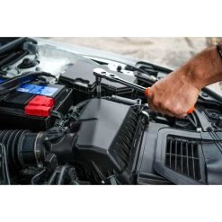 3/8" DRIVE 4 PIECE 12" EIGHTY8 TOOTH LOCKING FLEX RATCHET WITH CHROME EXTENSIONS 3", 6" AND 8" SET - ORANGE -Hand Tool Store BFR128SETM In UseImage 05 1500