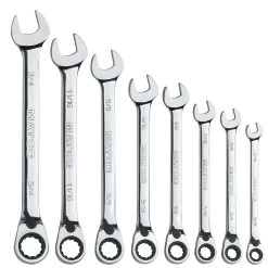 8 PIECE 72 TOOTH SAE REVERSIBLE COMBINATION RATCHETING WRENCH SET